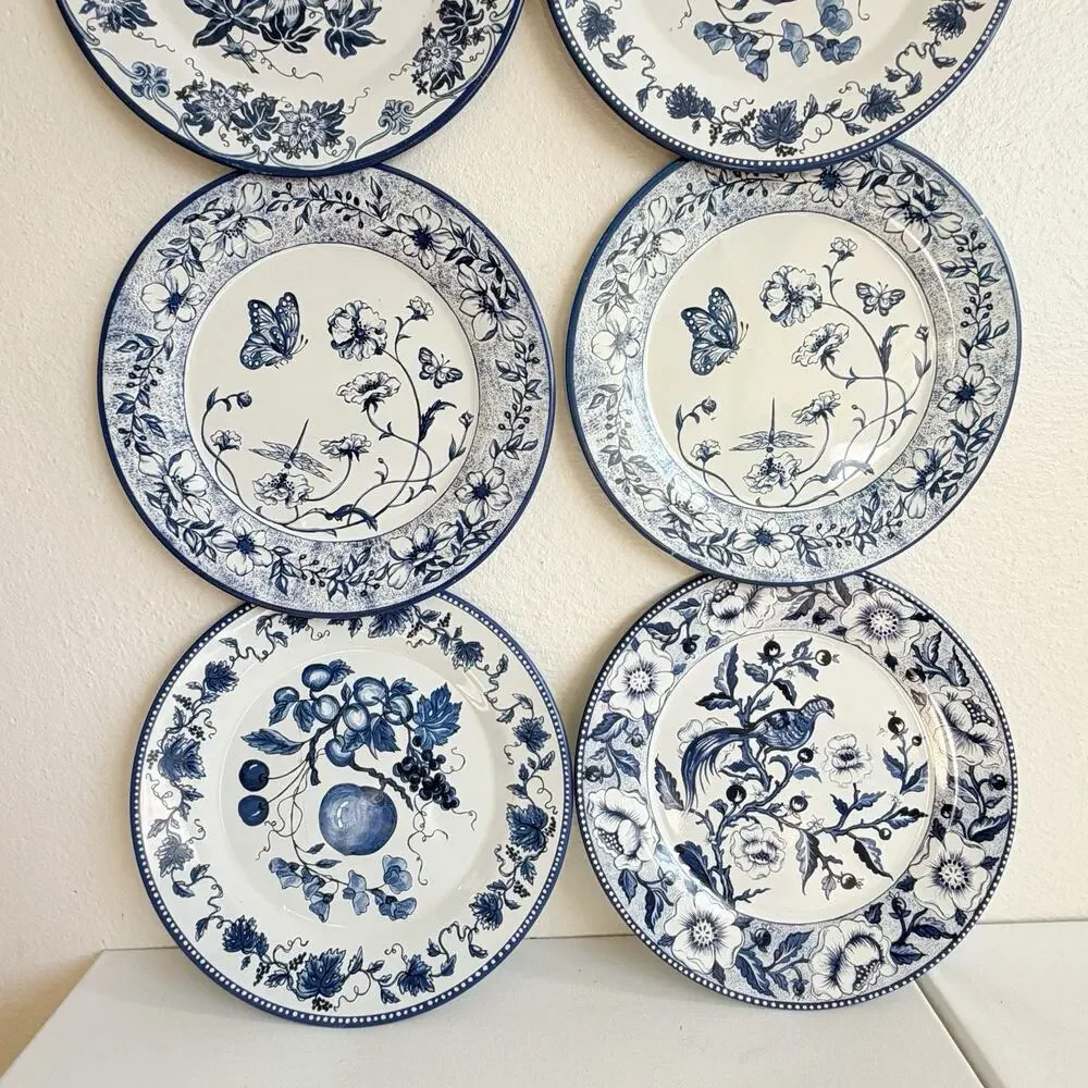 Set of 8 Vintage Restoration Hardware Blue & White Flo Tin Plates 10